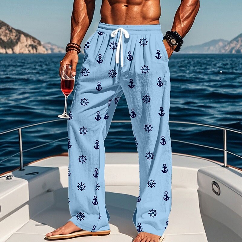 Men's Nautical Anchor Compass Pants Trousers Casual Pants Mid Waist Drawstring Elastic Waist Hawaiian Casual Outdoor Vacation Holiday Straight Leg Trousers Summer Spring Fall 3D Print White Blue khaki4