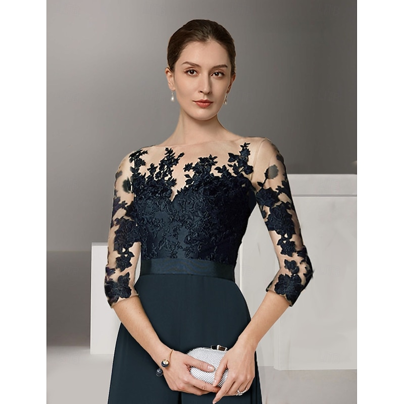 Jumpsuit Mother of the Bride Formal Wedding Guest Elegant Party Scoop Neck Ankle Length Chiffon Lace 3/4 Length Sleeve with Appliques3