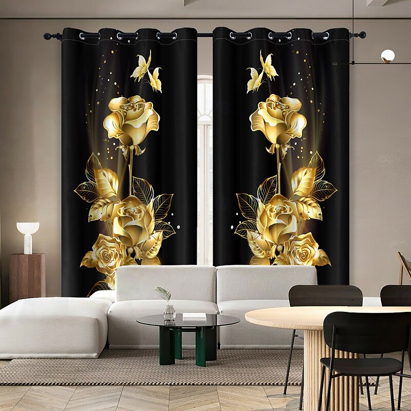 Golden Rose Peacock Insulated Outdoor Balcony Rest Living Room Home Decoration 2-piece Set 3D Digital Printing Perforated Shade Curtains3