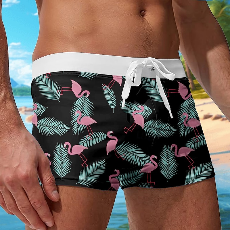 Men's Leaf Flamingo Tropical Swim Trunks Swim Shorts Board Shorts Mid Waist 3D Print Hawaiian Surfing Holiday Beach Drawstring with Mesh lining Elastic Waist Designer Clothing Apparel