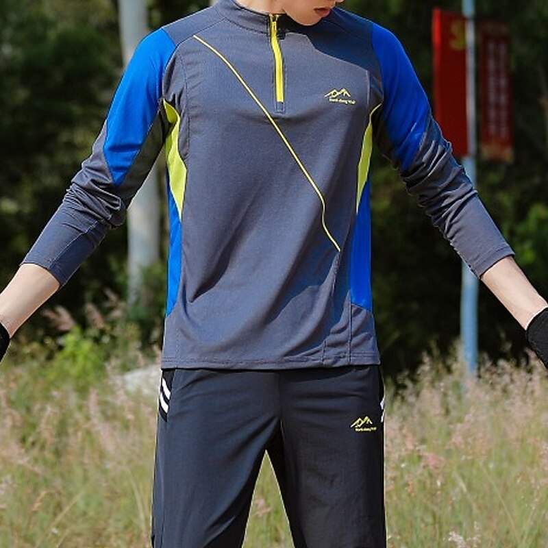 Men's T shirt Hiking Tee shirt Long Sleeve Quarter Zip Tee Tshirt Muscle T-Shirt Bodybuilding Stretch Tee Outdoor Quick Dry Workout Soft Sweat wicking Polyester Patchwork Black White Blue Gym3