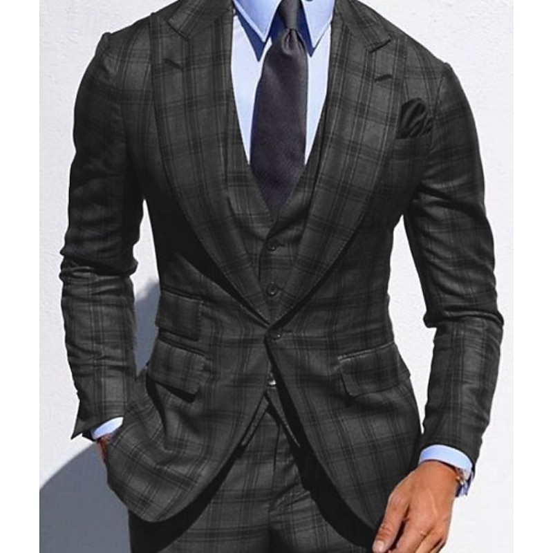 Men's Wedding Suits Peak Dark Gray Checkered Tailored Fit 3 Piece Single Breasted One-button2