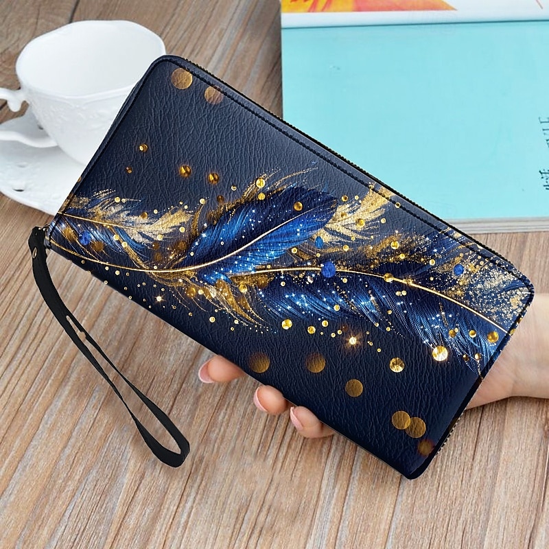 Women's Large Capacity Wallet with Gilded Feather Print, Zipper Closure, Wristlet and Multiple Card Slots - Stylish and Practical for Daily Use, Travel and Gift Giving Red Blue Green