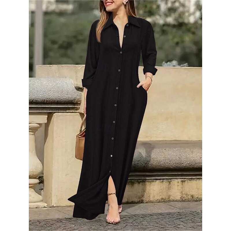 Women's Elegant Dress Maxi Dress Buttons Elegant V Neck Long Sleeve Black White Red Color