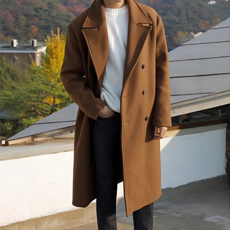 Men's Overcoat Trench Coat Long Trench Coat Vacation Daily Fall & Winter Polyester Thermal Warm Windproof Outerwear Clothing Apparel Fashion Classic Plain Pocket Lapel Double Breasted