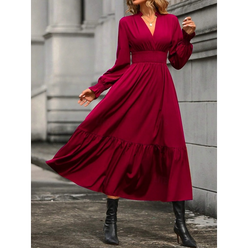 Women's Casual Dress Midi Dress Ruffle Casual V Neck Long Sleeve Black Wine Khaki Color4
