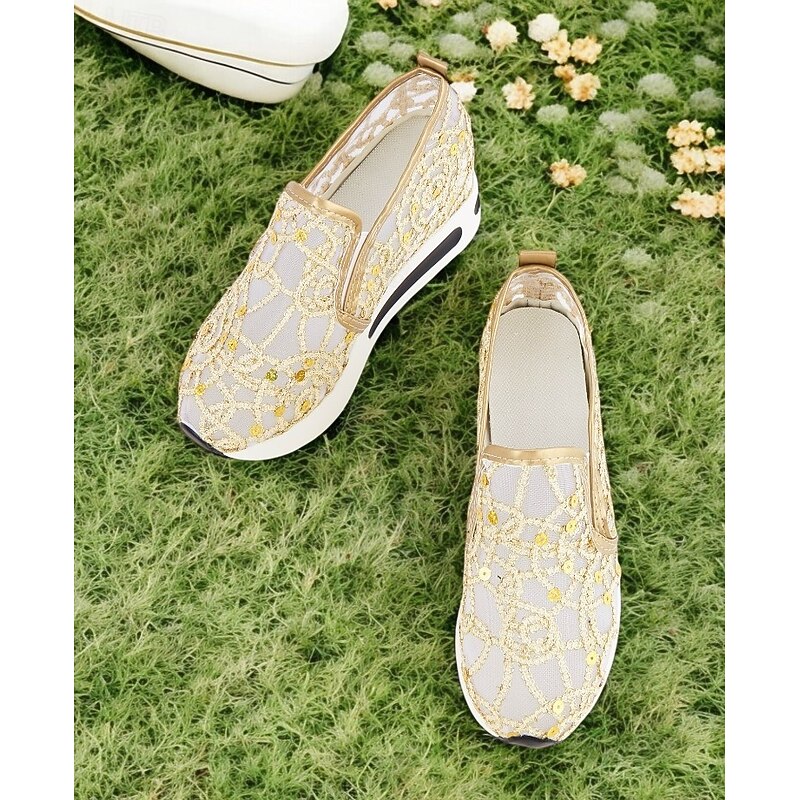 Gold Sequined Mesh Slip-On Sneakers with Air Cushion Sole - Women's Comfortable Wedding or Party Shoes2