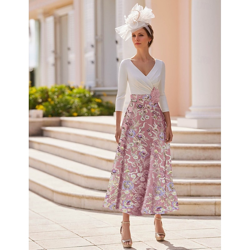 A-Line Dress Beach Wedding Mother of the Bride Dress Elegant Vintage V Neck Ankle Length Stretch Fabric Half Sleeve with Lace Embroidery Dresses Race Day Dress3