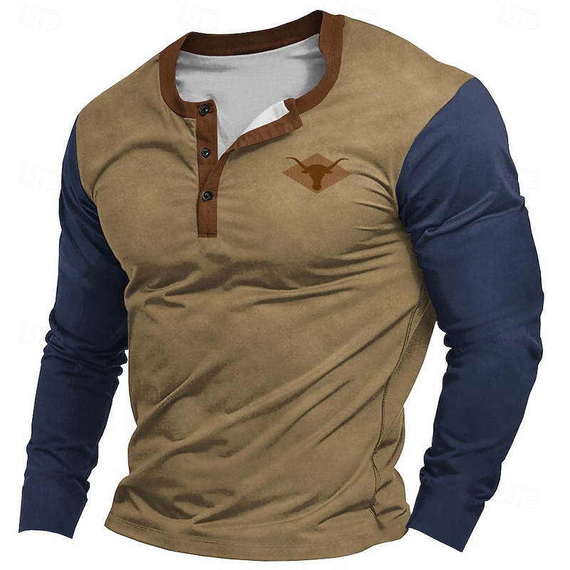 Men's Graphic Logo Bull Henley Shirt Long Sleeve T shirt 3D Print Henley Shirt Fashion Designer Comfortable Casual Daily Navy Blue Brown Khaki Spring &  Fall Clothing Apparel S M L XL XXL XXXL