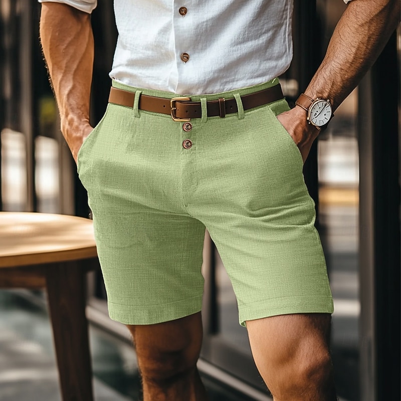 Men's Shorts Linen Shorts Buttons Pocket Straight Leg Plain Comfort Breathable Short Business Business Black White