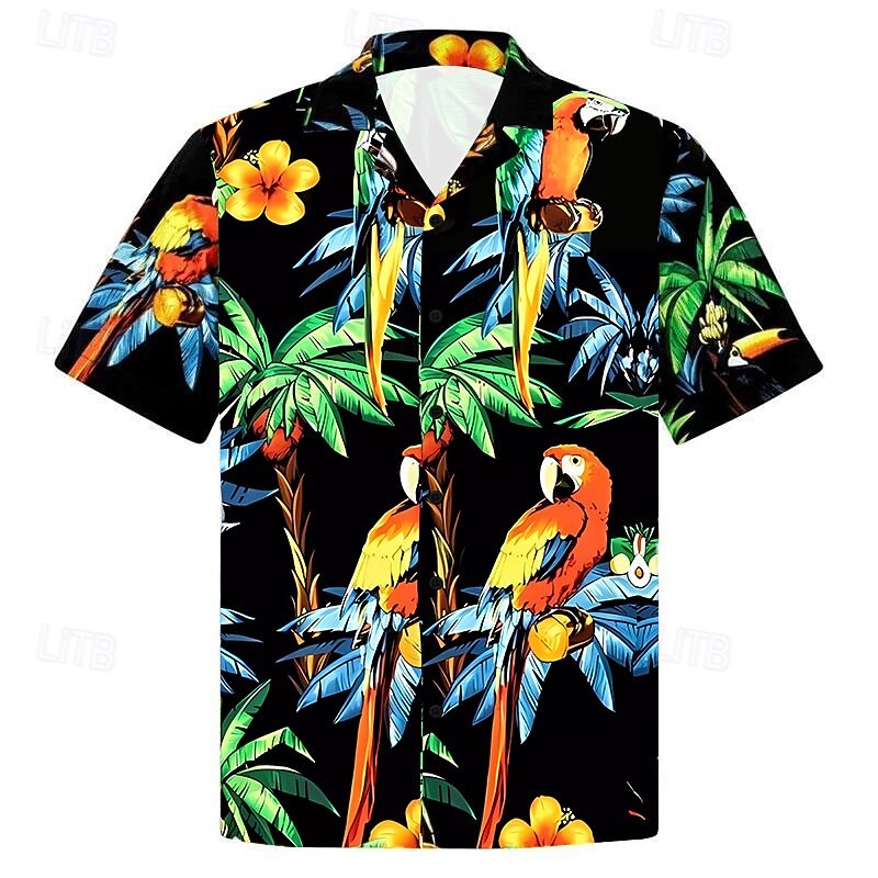 Men's Palm Tree Parrot Shirt Summer Hawaiian Shirt Aloha Shirt Short Sleeve Shirt Turndown Tropical Fashion Streetwear Casual Hawaiian Holiday Green / Black S M L