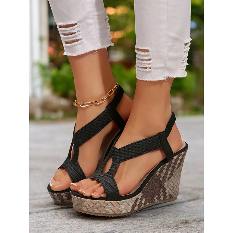 Women's Black T-Strap Wedge Sandals with Textured Pattern and Open-Toe Design, Stylish Summer Shoes for Casual and Beach Wear