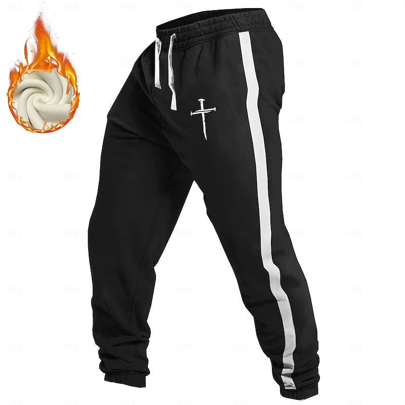 Men's Templar Cross Striped Sweatpants Trousers Fleece Sweatpants Drawstring Elastic Waist Vintage Casual Outdoor Holiday Streetwear Warm Fleece Lined Thermal Winter 3D Print Black White Red