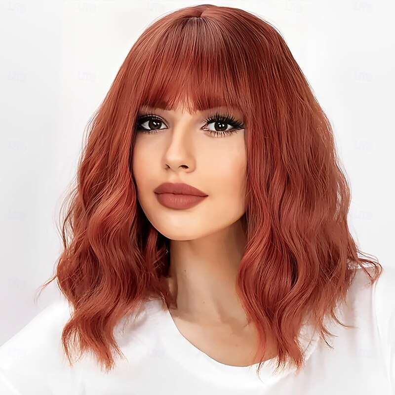 Wig with Bangs  wigs for Women Bob Curly Wig Shoulder Length Middle Part Wig Natural Looking Synthetic Heat Resistant Fiber Wigs for Daily Party Use