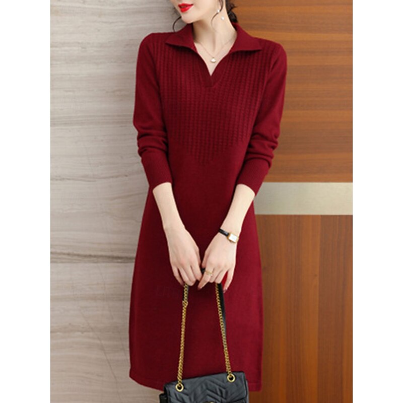 Women's Valentine Sweater Dress Plain Midi Dress Long Sleeve Shirt Collar Regular Fit Vacation Stylish Basic Casual Daily Red Blue Khaki Fall Winter3