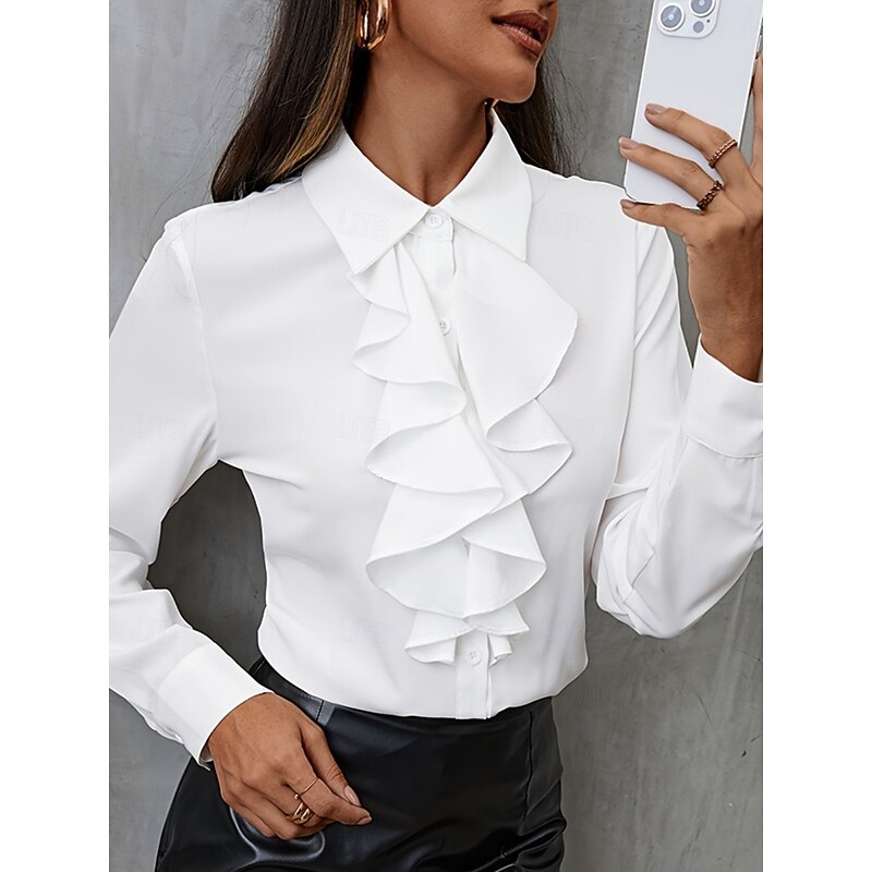 Women's Shirt Blouse Solid Color Business Modern Casual Long Sleeve Shirt Collar Regular Tops Work Formal Wear Ruffle Buttons Black White Summer Spring