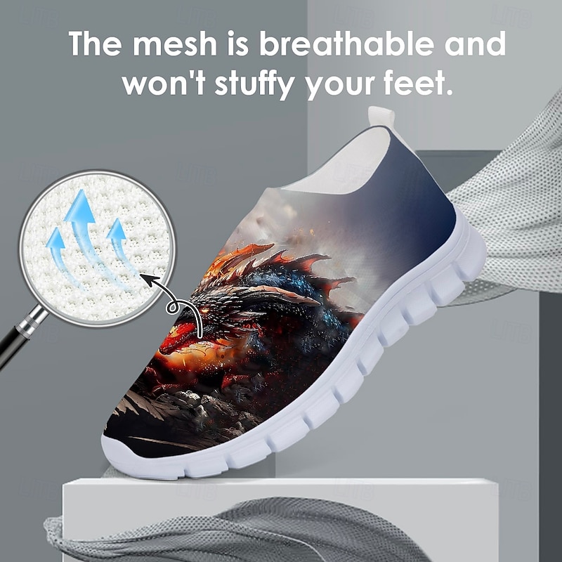 Men's Dragon Print Flyknit Sneakers - Lightweight Athletic Shoes for Running, Gym and Casual Wear2