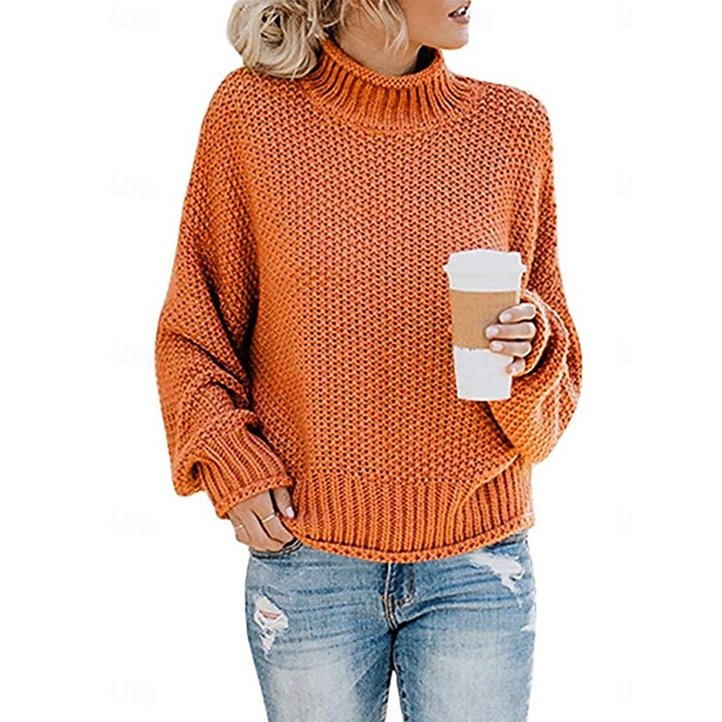 Women's Sweater Casual Soft Pure Color Ribbed Crew Neck Knitted Long Sleeve Regular Tops Knit Outdoor Daily Weekend Orange Khaki Fall Winter