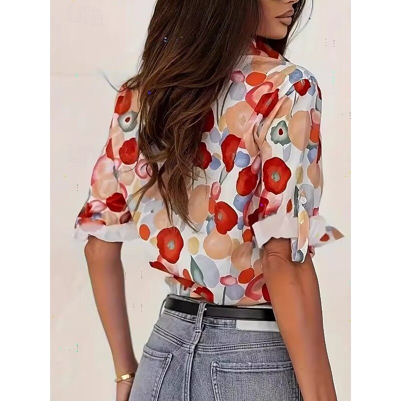 Women's Shirt Blouse Floral Graphic Elegant Stylish Casual Long Sleeve Shirt Collar Regular Tops Work Daily Holiday Buttons Red Summer Spring2