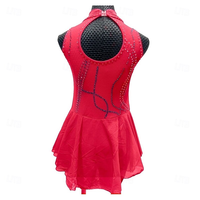 Figure Skating Dress Women's Girls' Ice Skating Dress Red Purple Patchwork Asymmetric Hem Mesh Spandex Stretchy Training Practice Professional Skating Wear Crystal / Rhinestone Sleeveless Figure2