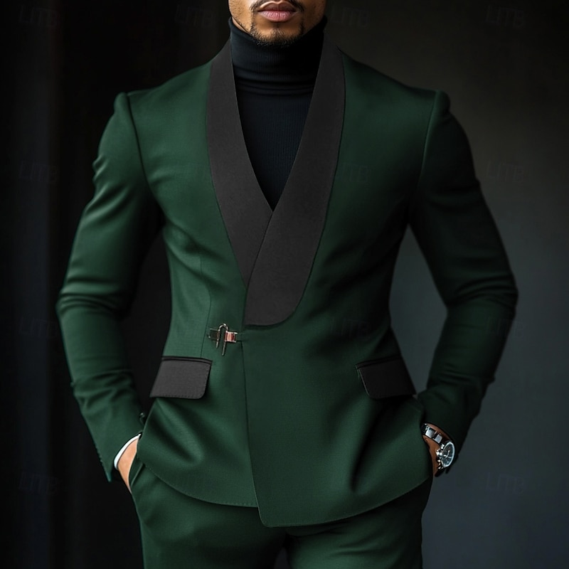 Men's Party Suits Shawl Lapel Royal Blue Dark Green Fashion WorkWear Solid Colored Standard Fit 2 Piece Single Breasted One-button