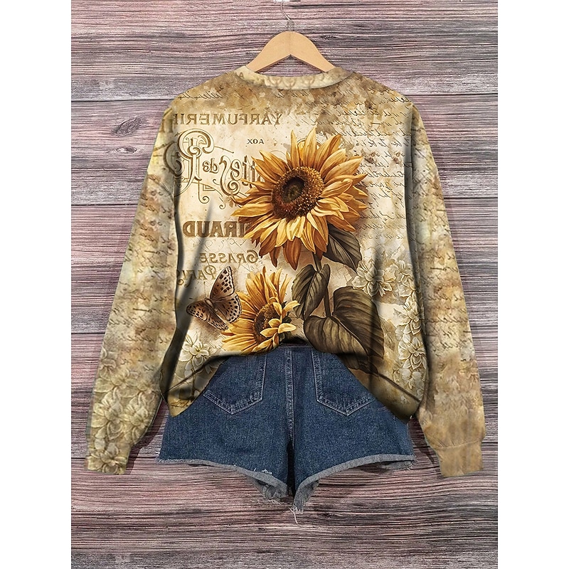 Women's Hoodies Floral Casual Long Sleeve Hoodie Regular Tops Print Khaki Fall Winter2