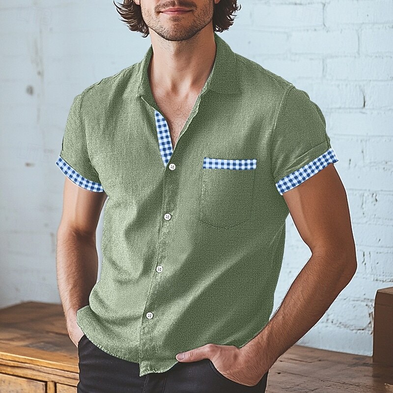 Men's Shirt Linen Shirt Beach Shirt Blue Green khaki Short Sleeve Plaid Turndown Home Holiday Front Pocket Clothing Apparel Vintage Casual2