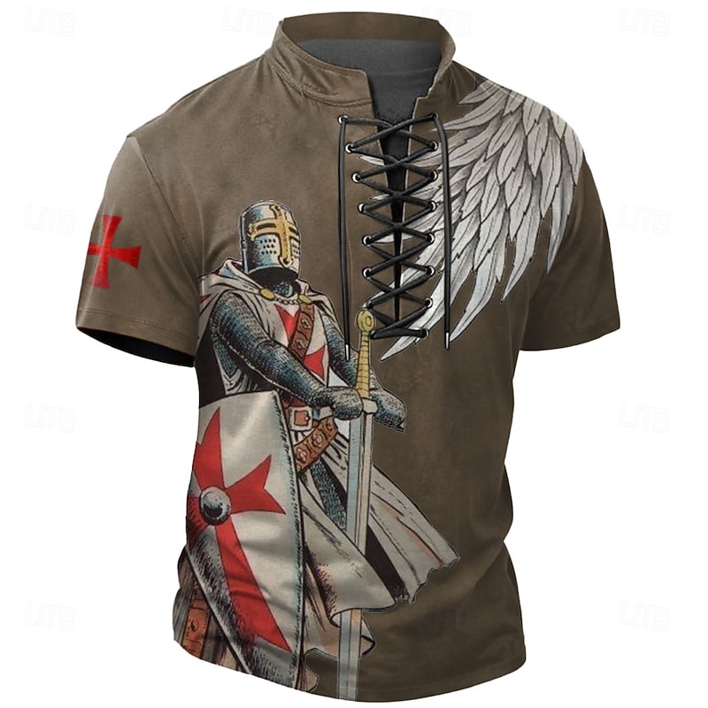 Men's Knights Templar Henley Shirt T shirt Tee Short Sleeve T shirt 3D Print Lace Up Neck Henley Shirt Casual Sports Outdoor Casual Daily Khaki Spring & Summer Clothing Apparel S M L XL XXL XXXL - Main Image