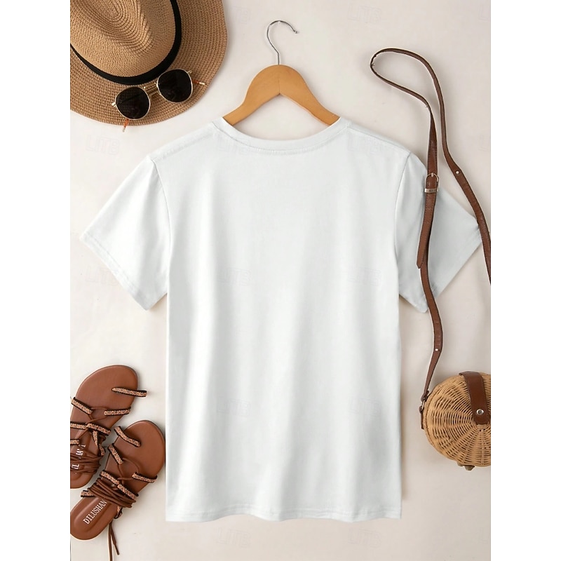 Women's 100% Cotton T Shirt Casual Graphic Regular Tops Short Sleeve Round Neck Print Regular Fit Daily White Summer2