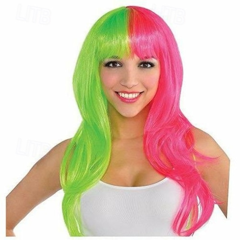 Long Black Light Neon Pink & Green Wig For Carvinal