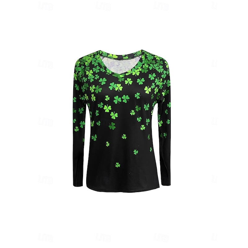 St. Patrick's Day Women's T Shirt V Neck Long Sleeve Graphic Casual Vacation Daily Green Spring & Fall2
