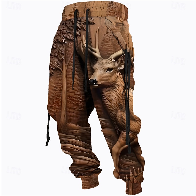 Men's Optical Illusion Hunting Deer Sweatpants Trousers Mid Waist Drawstring Elastic Waist Active Vintage Casual Outdoor Streetwear with Pockets Spring Fall 3D Print Brown Gray