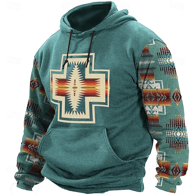 Men's Aztec Cowboy Hoodies Sweatshirt Ethnic Cowboy Long Sleeve Crew Neck Holiday Streetwear Black Blue Drawstring Fall Winter Designer4