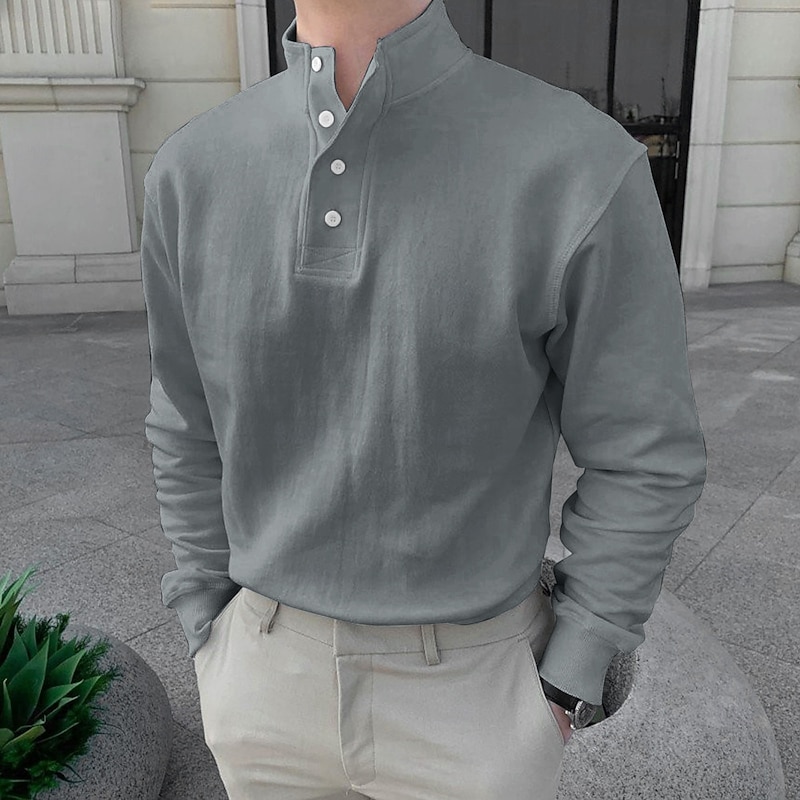 Men's Shirt Popover Shirt Summer Shirt Casual Shirt Black Pink Light Grey Gray Long Sleeve Solid Color Standing Collar Street Daily Clothing Apparel Fashion Casual Comfortable4