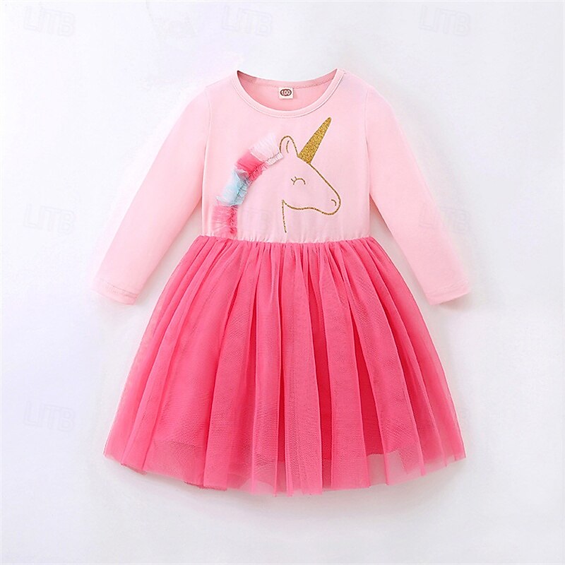 Kids Girls' Dress Unicorn Long Sleeve Outdoor Casual Patchwork Fashion Adorable Polyester Above Knee Casual Dress A Line Dress Tulle Dress Summer Spring 4 years+ Pink Purple Rose Red4