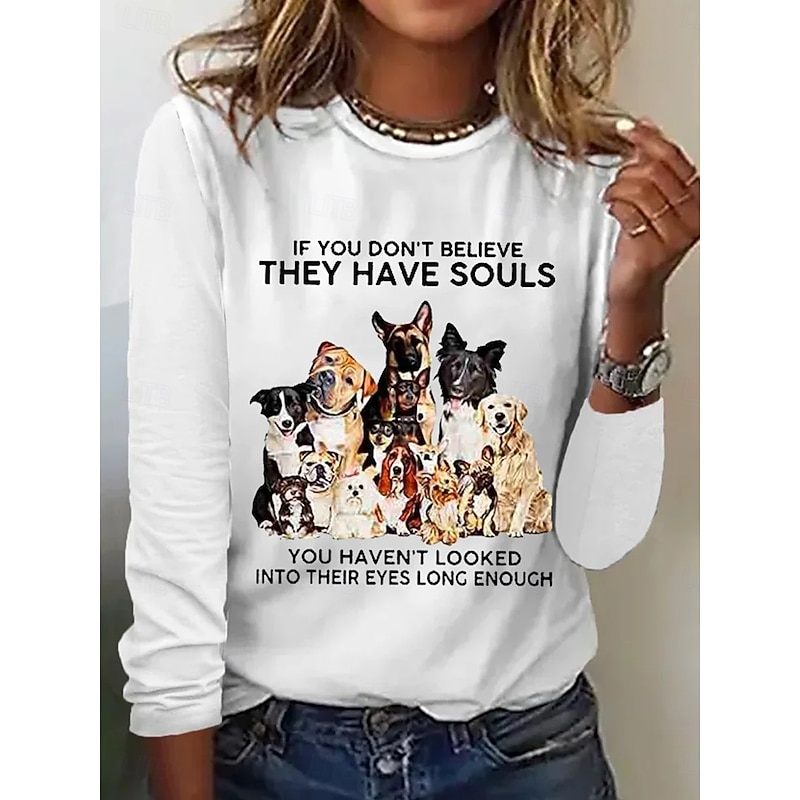 Women's T Shirt Cat Letter Casual Long Sleeve Round Neck Regular Tops Daily Weekend Print White Fall Winter3