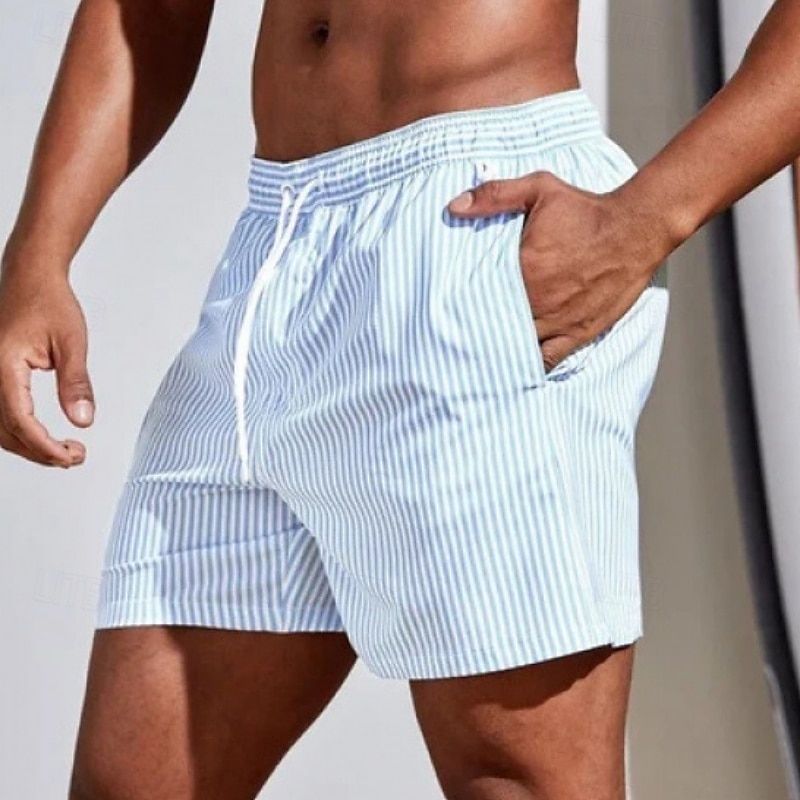 Men's Swim Trunks Swim Shorts Board Shorts Bathing Suit Drawstring with Pockets Swimming Surfing Beach Water Sports Stripes Summer Spring3