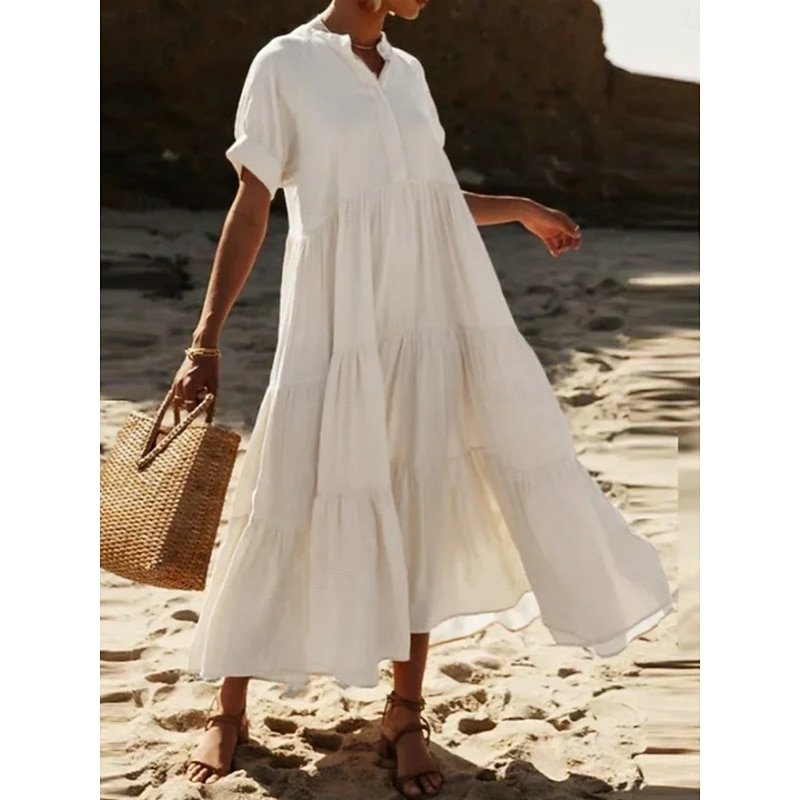 Women's White Dress Maxi Dress Ruffle Casual Stand Collar Long Sleeve Black White Yellow Color