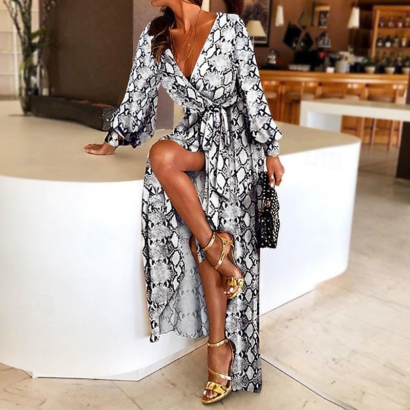 Women's Long Dress Maxi Dress Casual Dress Elegant Stylish Vacation Date Loose Fit Graphic Long Sleeve V Neck Black And White Spring Fall