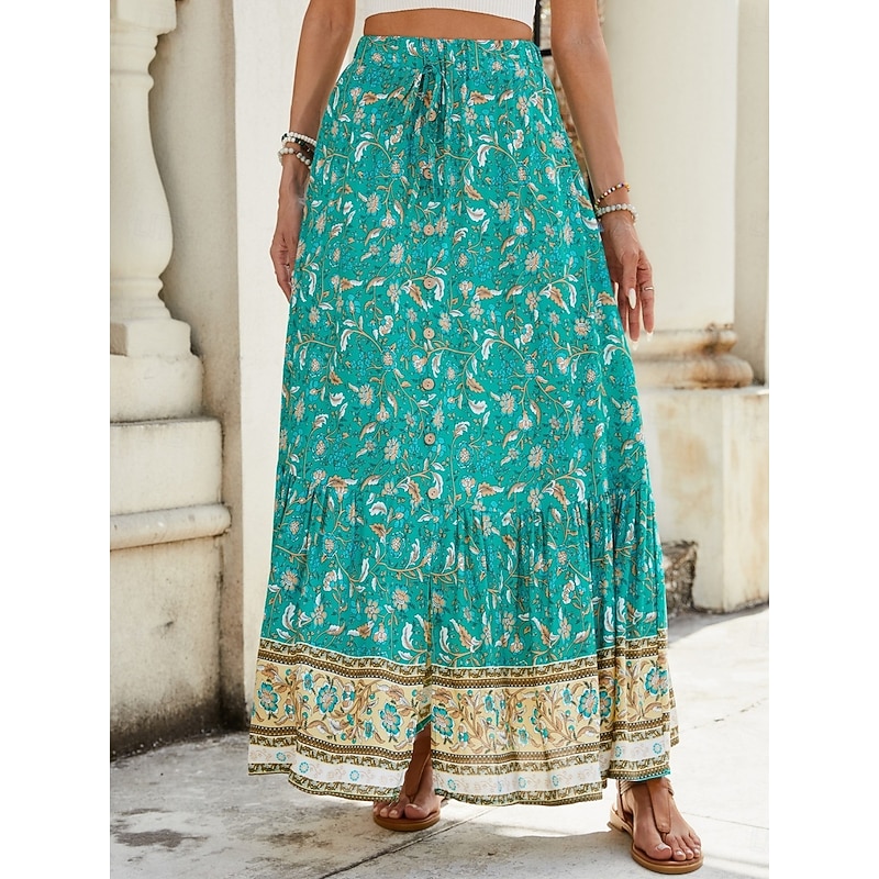 Women's Skirt A Line Swing Bohemia Fashion Casual Maxi High Waist Skirts Floral Print Micro-elastic Street Daily Red Navy Blue Green Summer Polyester4
