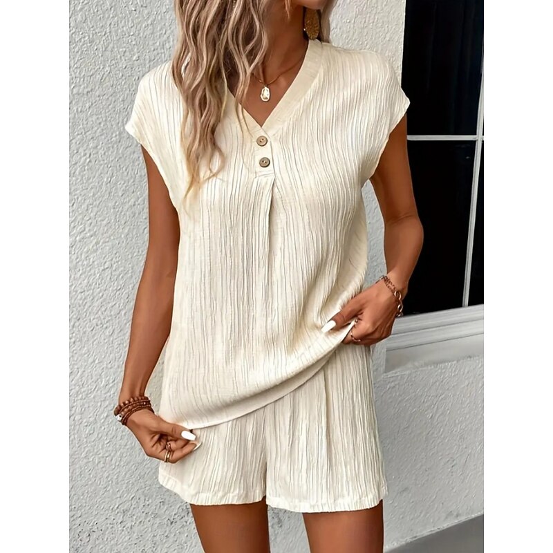 Women's Pajama Set Casual Comfort Pure Color Elastic Waist Tank Top Shorts Home Daily Short Sleeve V Neck Black White Beige Summer Spring Fall Regular Fit3