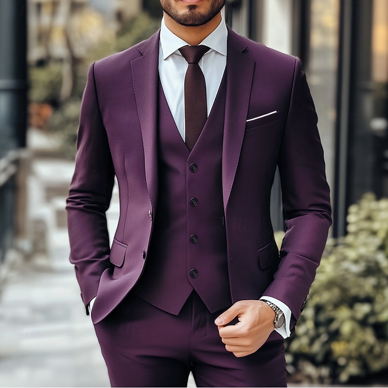 Men's Wedding Business Suits Notch Lapel Grape Sage Formal Solid Colored Standard Fit 3 Piece Single Breasted Two-buttons