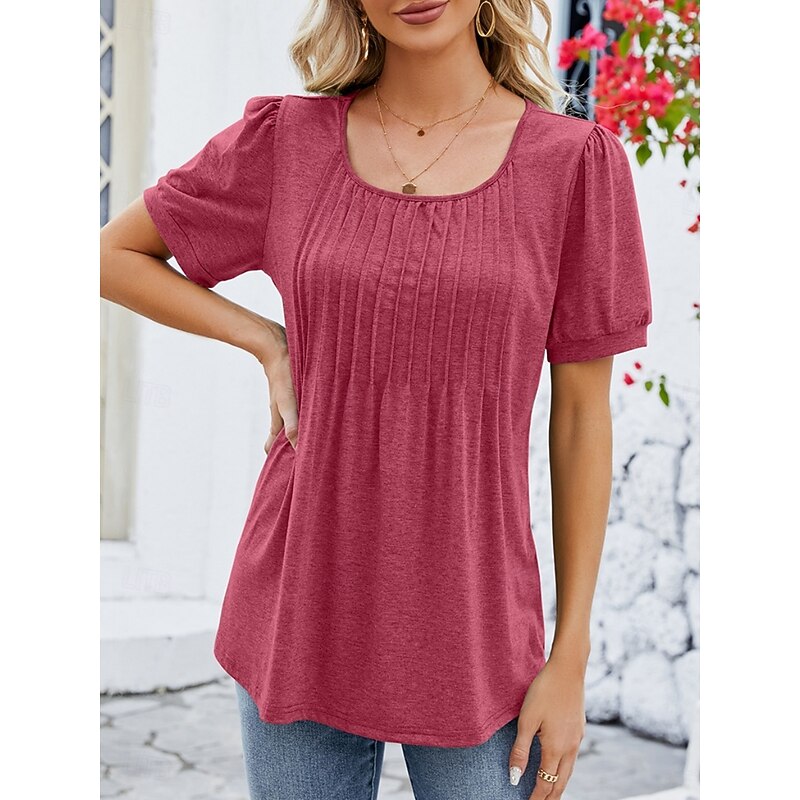 Women's Shirt Blouse Solid Color Basic Casual Short Sleeve Crew Neck Regular Tops Daily Ruched White Wine Navy Blue Summer Spring3