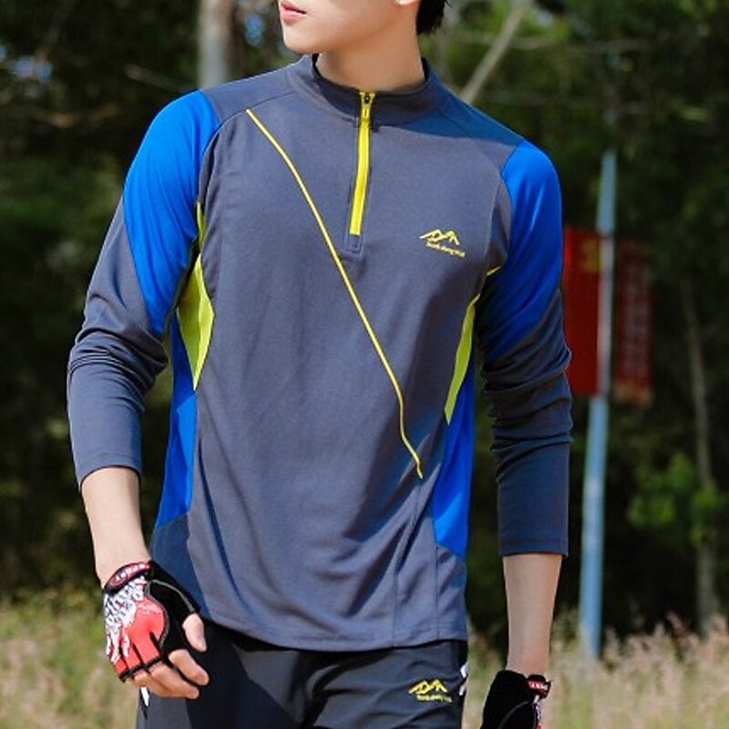 Men's T shirt Hiking Tee shirt Long Sleeve Quarter Zip Tee Tshirt Muscle T-Shirt Bodybuilding Stretch Tee Outdoor Quick Dry Workout Soft Sweat wicking Polyester Patchwork Black White Blue Gym4