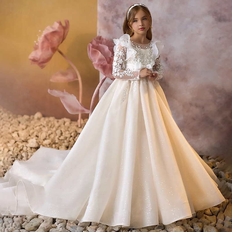 Kids Girls' First Communion Dress Party Dress Solid Color Sleeveless Long Sleeve Performance Wedding Party Mesh Princess Sweet Mesh Mid-Calf Sheath Dress Tulle Dress Summer Spring Fall kids Ivory2