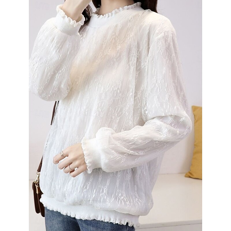 Women's Flowy Tops Solid Color Elegant Ladies Long Sleeve High Neck Regular Tops Going out Lace White Gray Spring Fall2