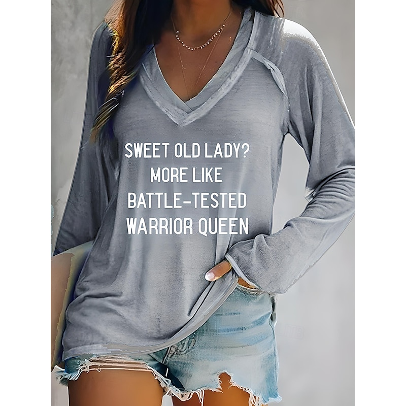 Women's T shirt Long Sleeve V Neck Long Sleeve Graphic Casual Basic Print Regular Tops Daily Weekend Gray Fall & Winter Prefall2