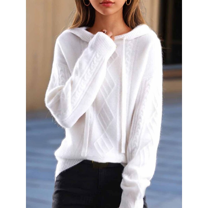 Women's Sweater Casual Soft Pure Color Ribbed Hooded Knitted Long Sleeve Regular Tops Knit Outdoor Daily Weekend White Navy Blue Fall Winter3