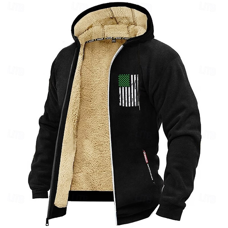 Men's Full Zip Hoodie Fuzzy Sherpa Fleece Jacket Fleece Hoodie Black Wine Army Green Navy Blue Blue Hooded Flag Plain Zipper Pocket Drawstring Sports & Outdoor Daily Weekend Polyester Vintage Casual