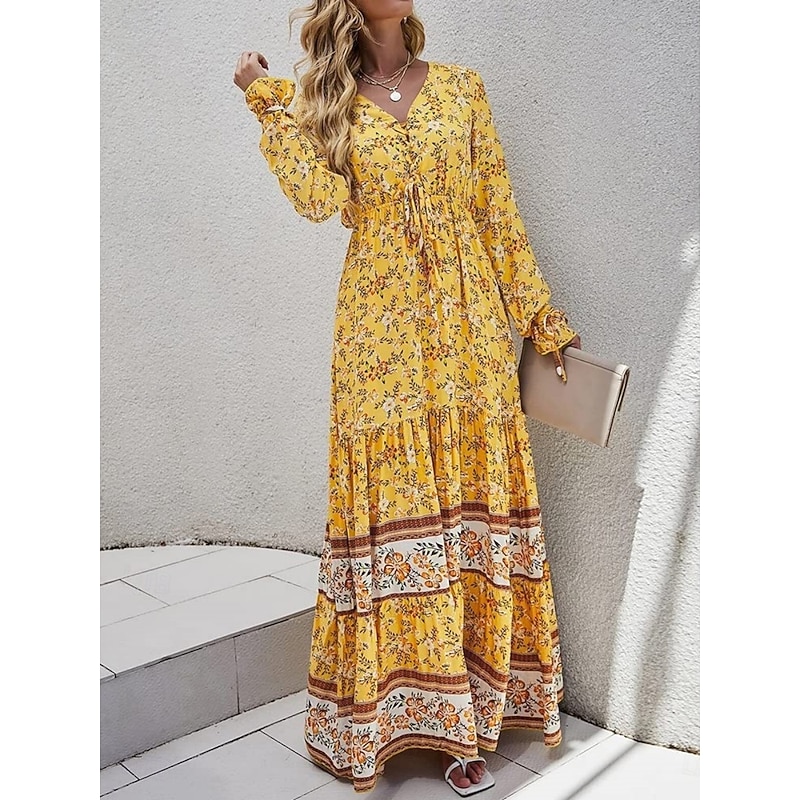 Women's Maxi Dress Casual Dress Swing Dress Long Sleeve Boho Dress A Line Dress Bohemia Casual Vacation Daily Regular Fit Floral Long Sleeve V Neck Yellow Pink Blue Spring Fall4